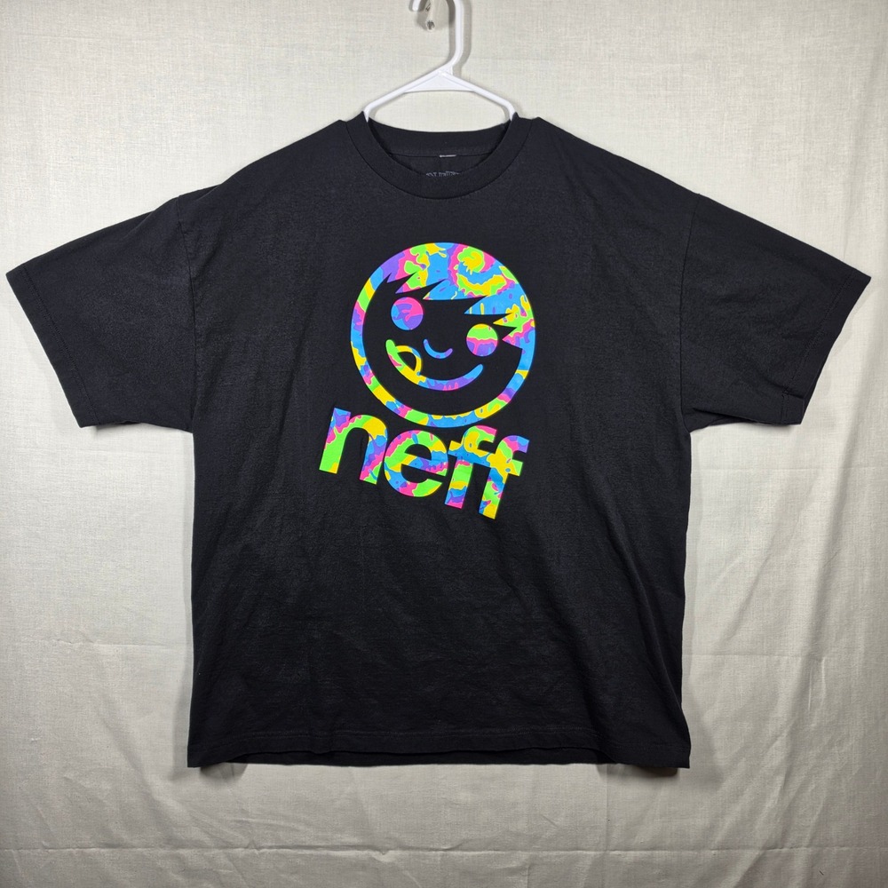 Neff Shirt Mens 2XL Neon Tie Dye Smiley Face Logo Graphic Tee Made in USA Y2K